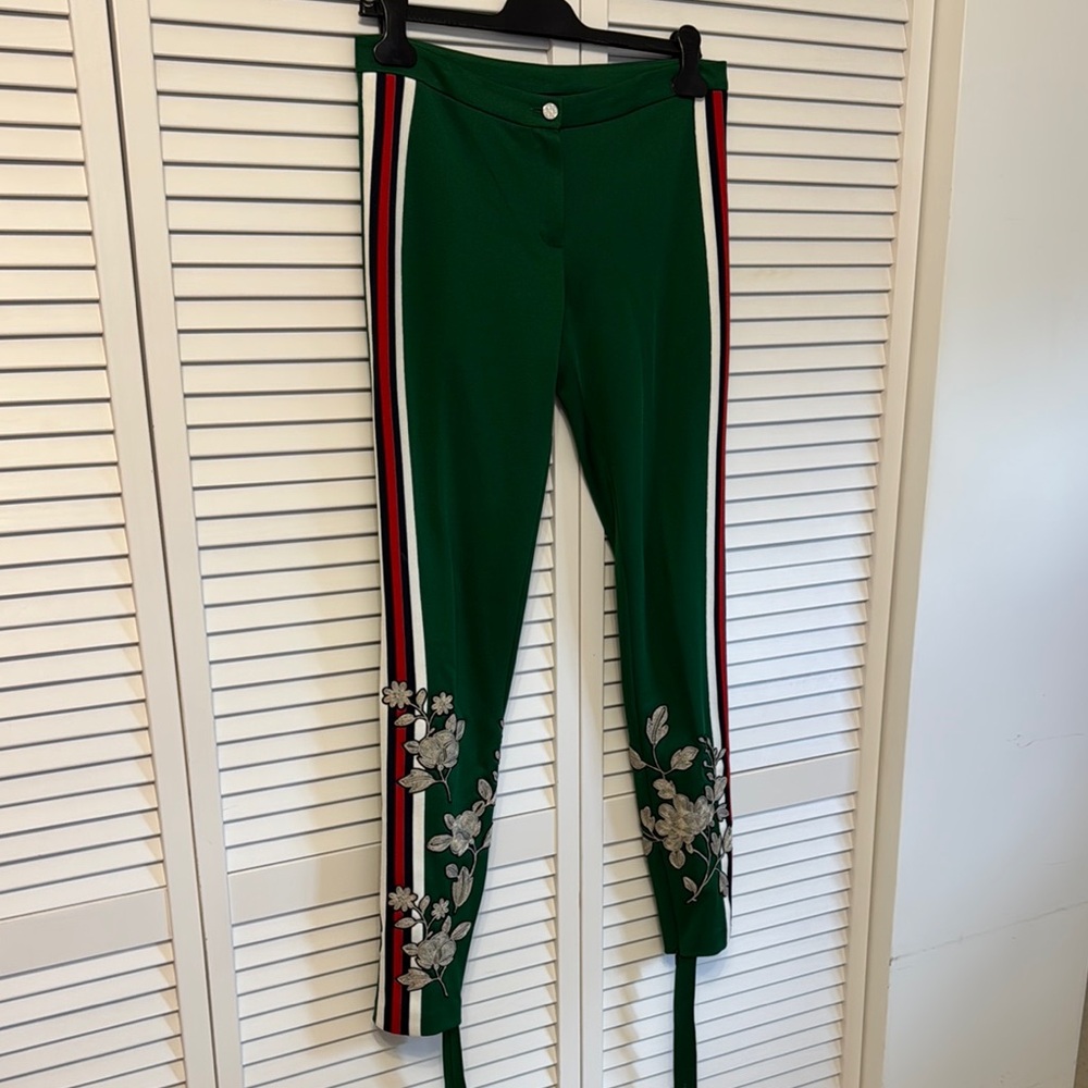Green Floral Embroidered Pants with Stripes